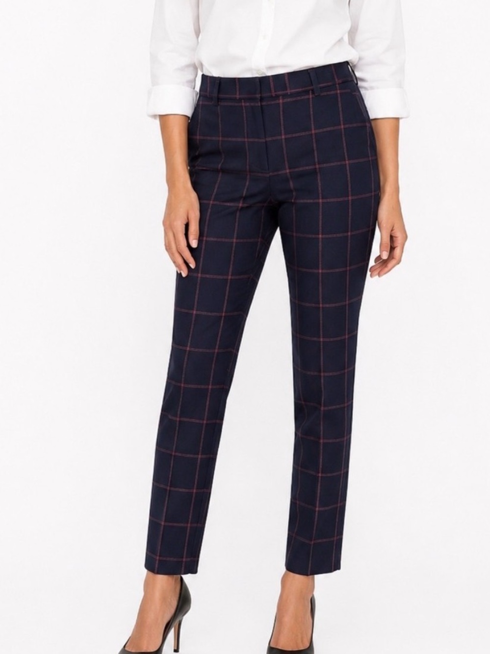 NWOT Ann Taylor Ankle Navy Blue Pants with Red Windowpane Size 8
